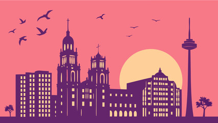 Fototapeta premium san antonio skyline Silhouette of Cologne Skyline at Sunset with Birds Flying