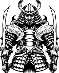 SVG skull tattoo design in a Halloween dark warrior style. Traditional Samurai Warrior Illustration in Bold Black and White Style