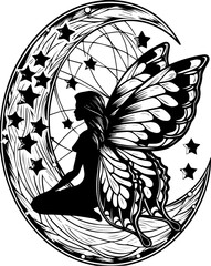 SVG skull tattoo design in a Halloween dark warrior style. Elegant Fairy Silhouette with Butterfly Wings and Moon Background