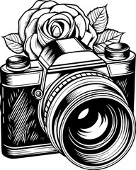 SVG skull tattoo design in a Halloween dark warrior style. Vintage Camera with Rose Illustration in Black and White Style