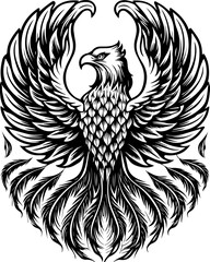 SVG skull tattoo design in a Halloween dark warrior style. Majestic Black and White Phoenix Illustration with Intricate Details