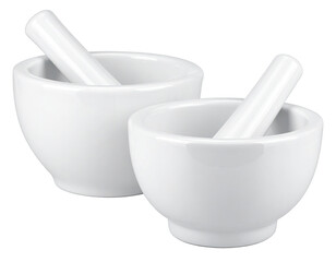 Two white ceramic mortar and pestle sets