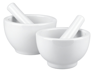 Two white ceramic mortar and pestle sets