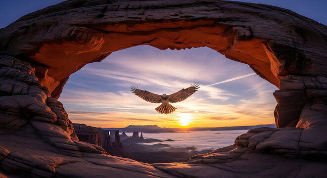 Owl Flying Through Mesa Arch at Sunrise, Canyonlands National Park