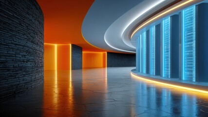 Cybersecurity in age of 5g features futuristic data center with glowing blue servers and modern architecture reflecting advanced technology