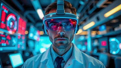 Cybersecurity in age of 5g shown by focused male scientist wearing smart glasses in high tech control room with digital screens