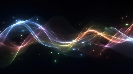 Abstract, flowing, multi-colored light wave pattern with glowing particles on a dark background