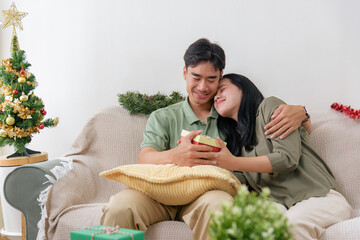 Christmas holiday finds happy loving couple at home, celebrating winter joy, exchanging gifts by decorated christmas tree, embracing special moments together with festive spirit