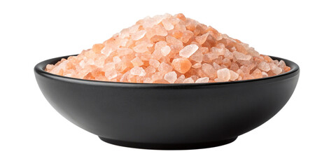 Black Ceramic Bowl with Pink Himalayan Salt Crystals on Transparent Background
Close-Up of Coarse Pink Himalayan Rock Salt in Matte Black Bowl