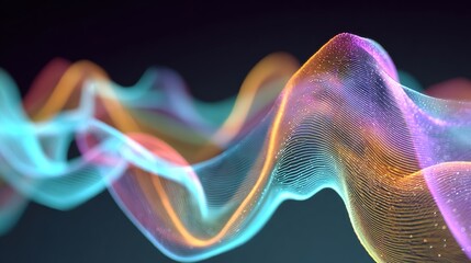 Rendered digital wavy lines of blue, orange, and purple, illuminated against a dark background