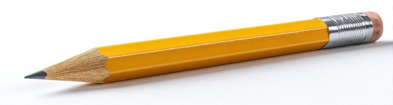A yellow, hexagonal pencil with a sharpened lead, pink eraser, and metal ferrule on white