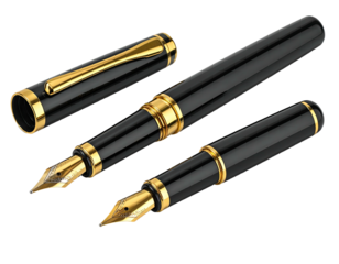 Three black fountain pens with gold accents