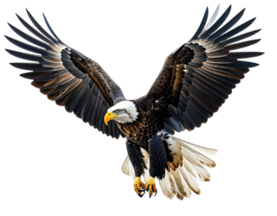 Majestic eagle in flight against a black background.  Sharp detail, dynamic pose
