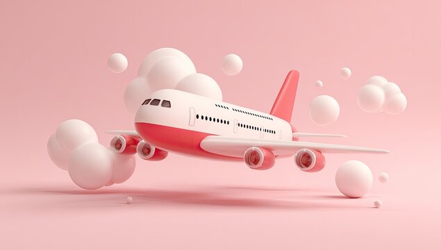 A stylized, pink and white airplane model with cartoon clouds and spheres