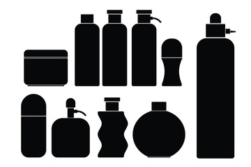 Vector illustration of various cosmetic bottles and containers in black silhouette style. Includes lotion, spray, shampoo, perfume, and cream jar. Perfect for beauty, skincare, and cosmetic product