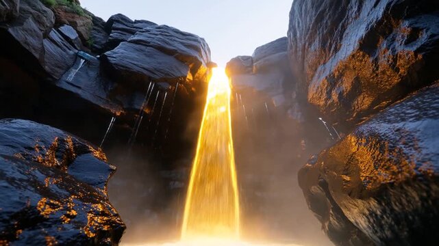 Mystical golden waterfall cascading between dark canyon rocks at sunrise