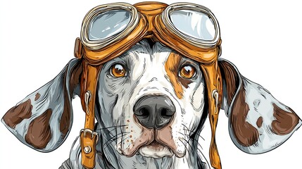 Digital illustration of a dog wearing vintage aviator goggles and helmet. Close-up, centered
