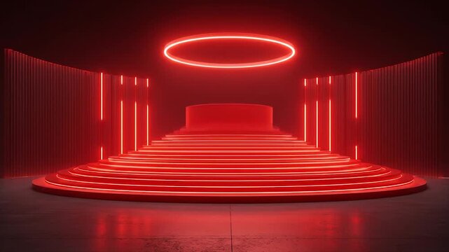 Abstract red stage with steps and neon ring for presentation background