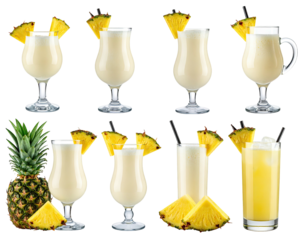 Nine glasses of Pi?a Coladas, tropical drinks