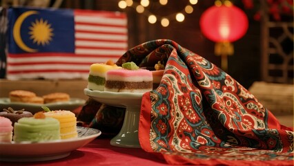 Fototapeta premium Colorful layered cakes displayed on a table with Malaysian flag and decorative cloth in the background
