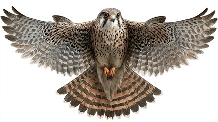 Falcon spreads its wings in mid-flight, isolated against a white background