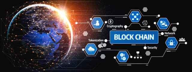 Explore a captivating representation of blockchain technology with Earth in the background. Visual...