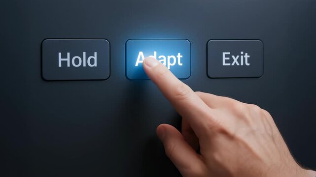 Adapt adaptive business strategy button press by hand. flexibility planning, adapt business strategy touch button press conveying change resilience