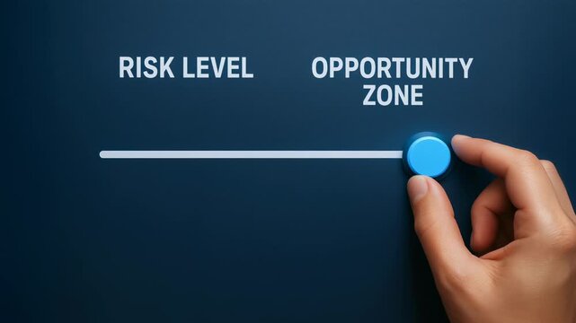 Adaptive business strategy opportunity risk slider dial hand finger strategy business hands moving slider toward opportunity zone optimistic risk