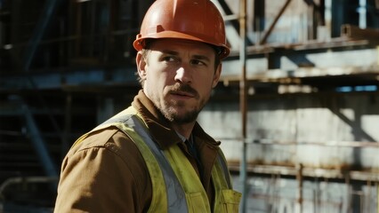 Construction worker wearing safety helmet and high-visibility vest on a building site