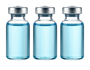 Three clear glass vials with light blue liquid