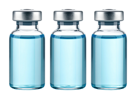 Three clear glass vials with light blue liquid
