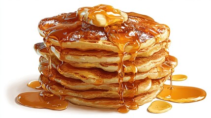 Stack of pancakes with butter and syrup, glistening on white background