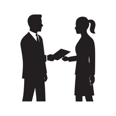 Fototapeta premium Business Transaction Depicted with Silhouettes of Man and Woman Exchanging Document Symbolizing Agreement Deal or Handover in Professional Setting for Corporate Concept silhouette