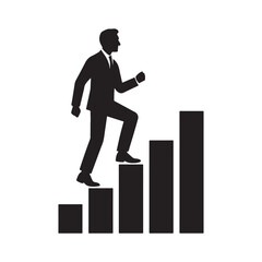 Fototapeta premium Businessman climbing bar graph representing career growth achieving goals and financial success demonstrating upward movement and determination for corporate development and professional silhouette