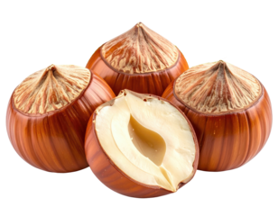 Close-up of four hazelnuts, one halved