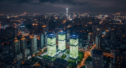 Illuminated modern skyscrapers stand tall amidst a sprawling cityscape at night.