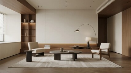 Minimalist living room with wooden flooring, neutral tones, and modern furniture including a round coffee table, armchairs, and an arched floor lamp.