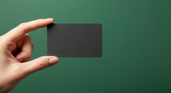 A woman's hand holding a blank black business card, a perfect clean and elegant mockup for professional branding and contact information