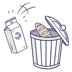 Hand drawn illustration of a carton of milk and a loaf of bread being thrown into a trash can