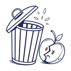 Sad broken apple with a grumpy face next to an open trash can with seeds falling out