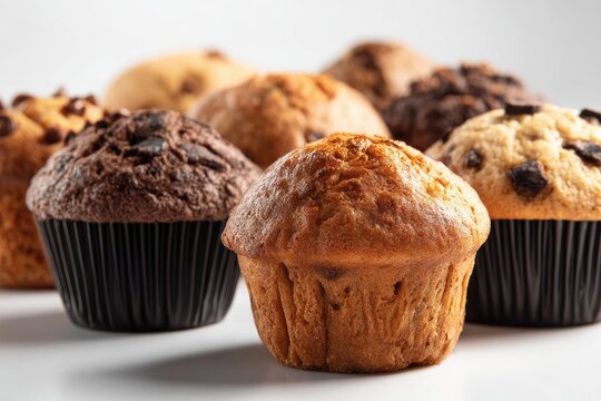 Group of assorted baked muffins, some with chocolate chips, in black paper liners
