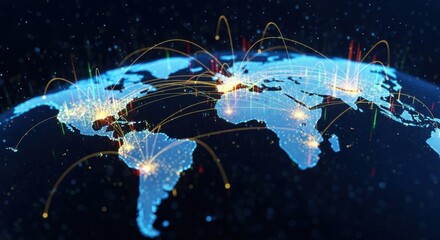 Explore the vibrant global network with a futuristic world map showcasing interconnectedness and dynamic data streams illuminating a connected planet