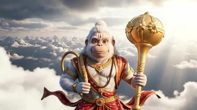 hanuman the divine warrior flying in clouds