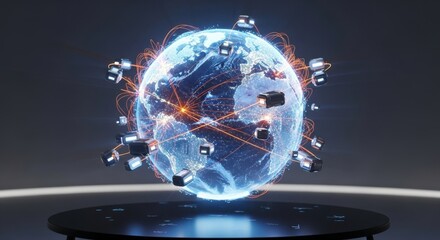 Global network connecting the world with orange data streams for innovative technology, futuristic data visualization, and worldwide communication solutions