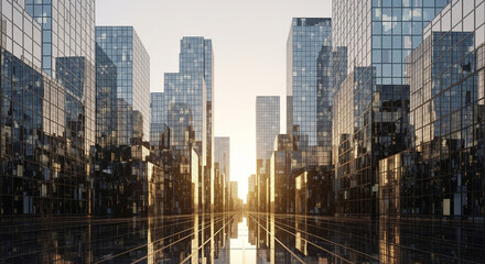 A modern, reflective city skyline at sunset, a perfect abstract concept for urban architecture, business districts, and corporate environments