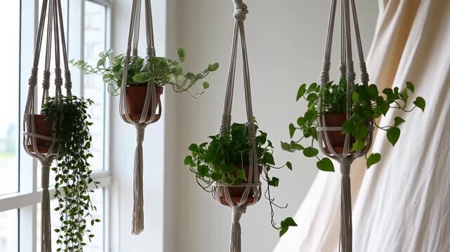 Lush green hanging plants in handcrafted macrame hangers in a bright room