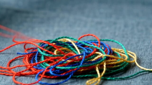 Hands untangling a vibrant pile of colorful threads on a dark surface