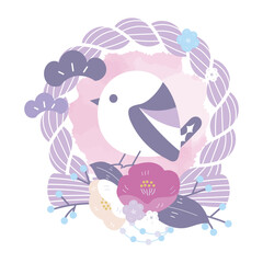 紫のしめ縄と横向きシマエナガ、椿の和風リース（お正月飾り）/Purple Shimenawa Wreath with Side-view Long-tailed Tit and Camellias Flowers