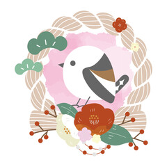 ベージュしめ縄と横向きシマエナガ、紅白椿の和風リース（お正月飾り）/:Beige Shimenawa Wreath with Side-view Long-tailed Tit and Red and White Camellias