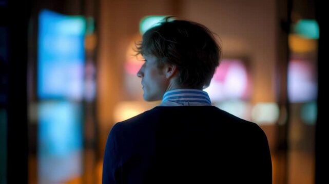 Medium framing captures a customer navigating an interactive wall display dynamic visuals illuminating the scene showroom ambiance softly out of focus.